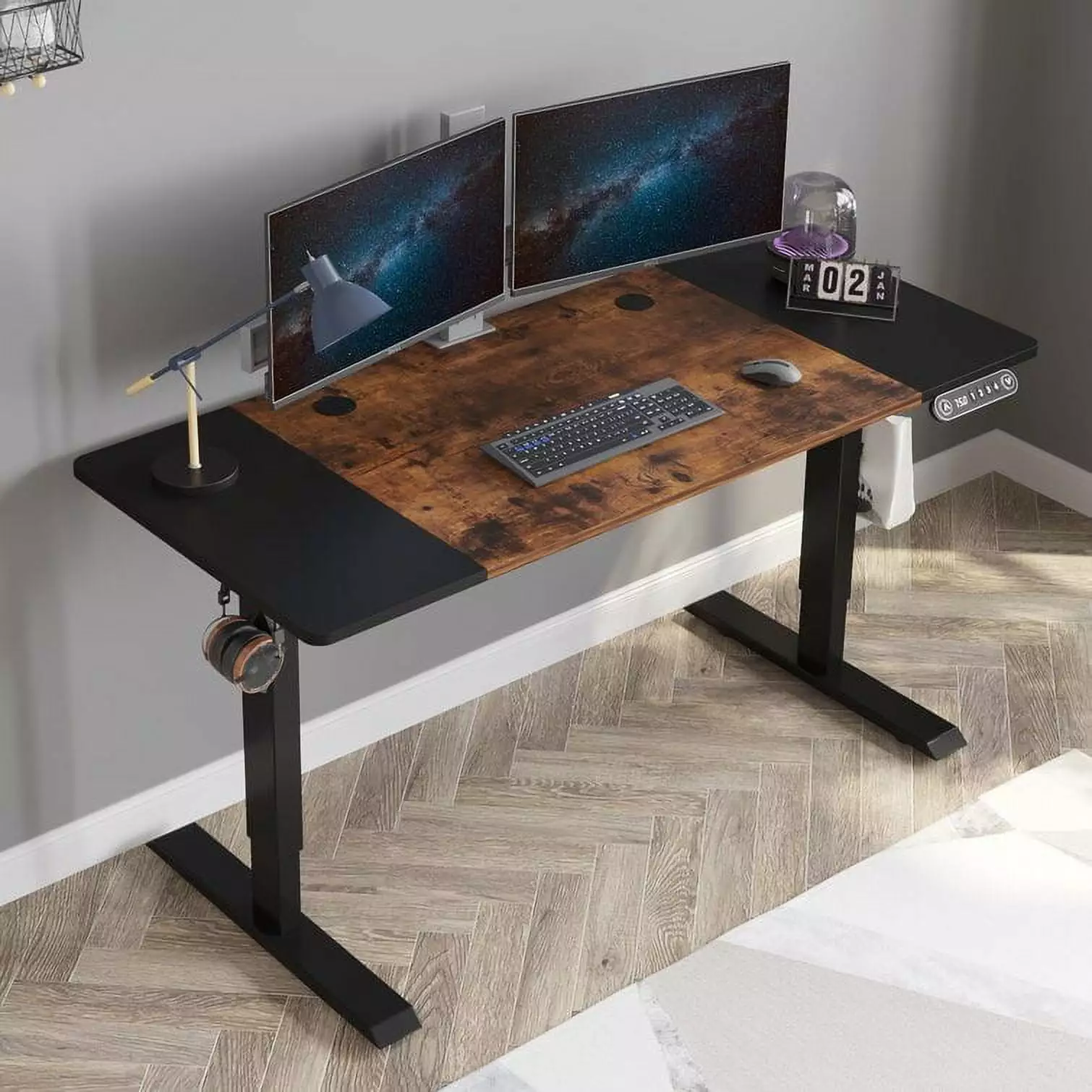 Electric Height Adjustable Standing Desk 55 x 24 Inches Black Frame Brown Top Ergonomic Home Office Workstation Cometmin