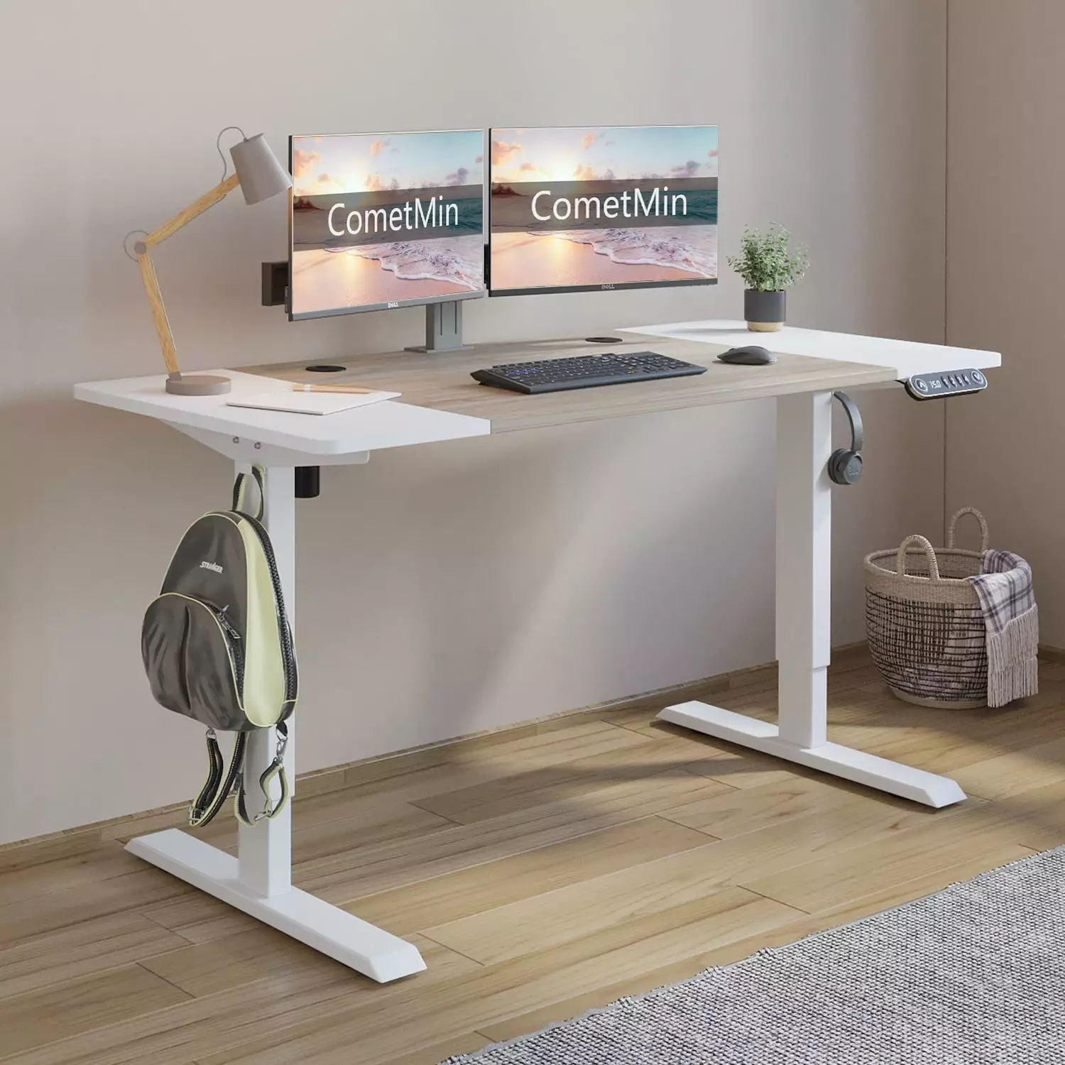 Electric Height Adjustable Standing Desk - 55 x 24 Inches Stand Up Desk Workstation Maple Top Cometmin