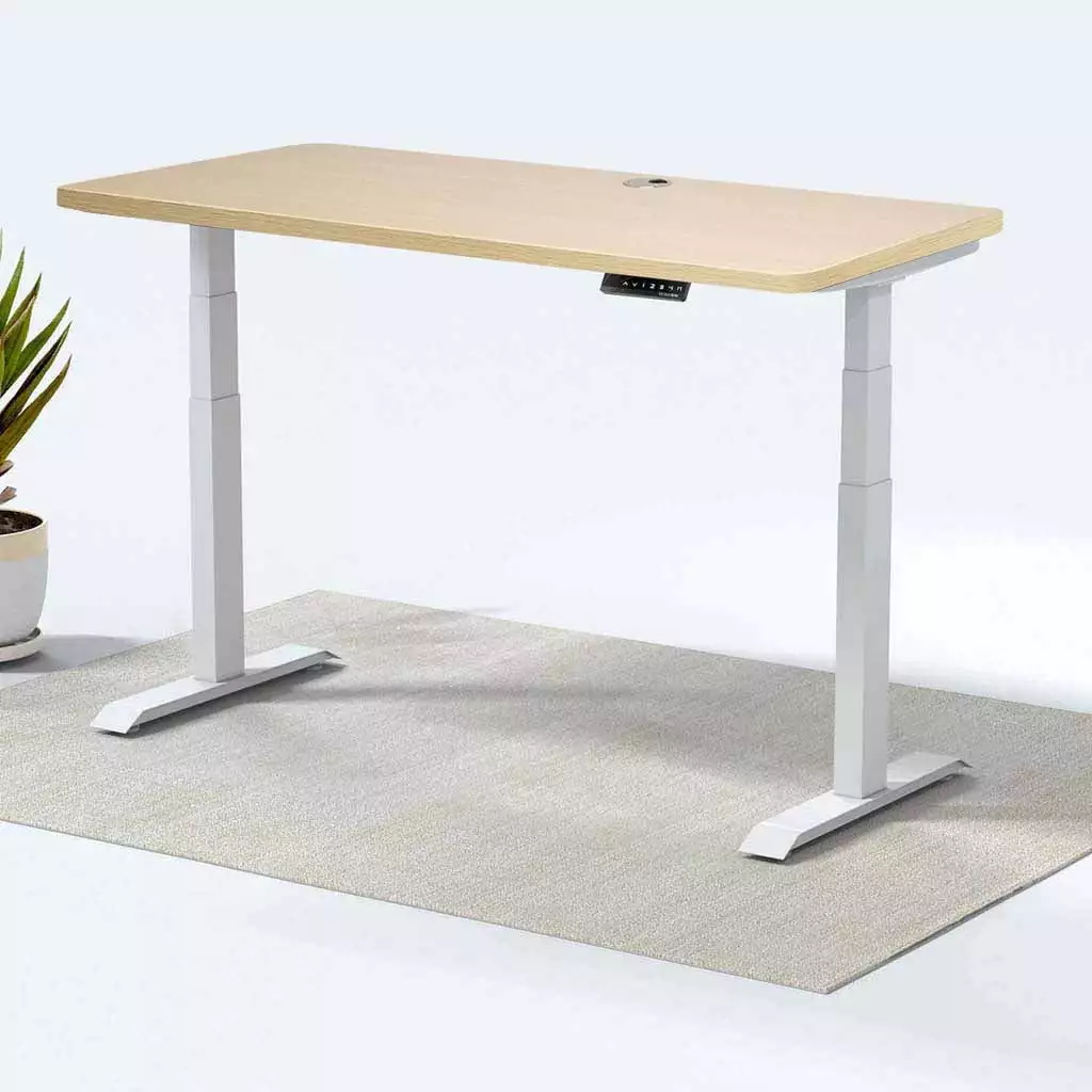 MotionGrey Height Adjustable German Electric Dual Motors Sit to Stand Desk White Frame Brown Tabletop 140x71cm