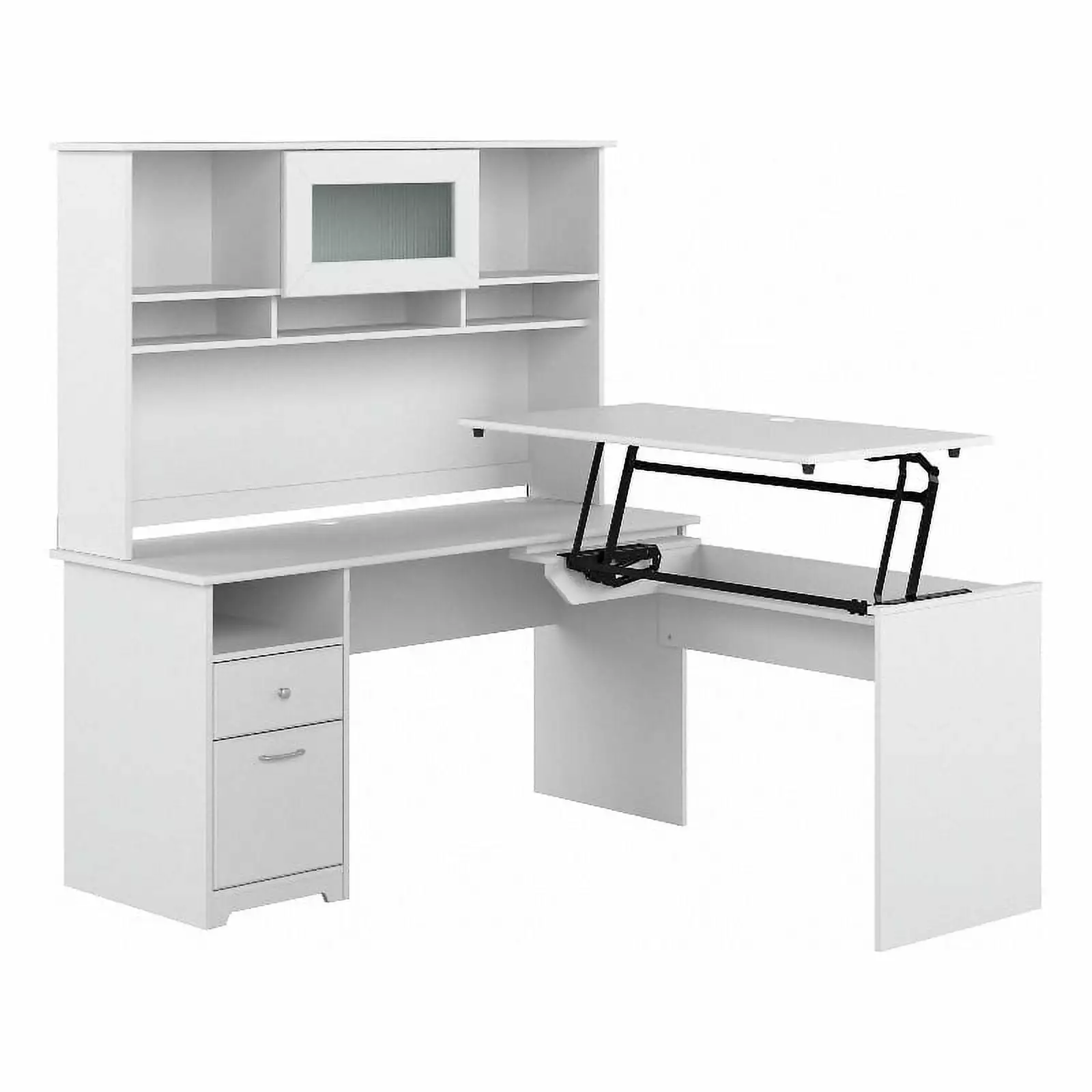 Pemberly Row 60W Sit to Stand L Desk Hutch White - Adjustable Height