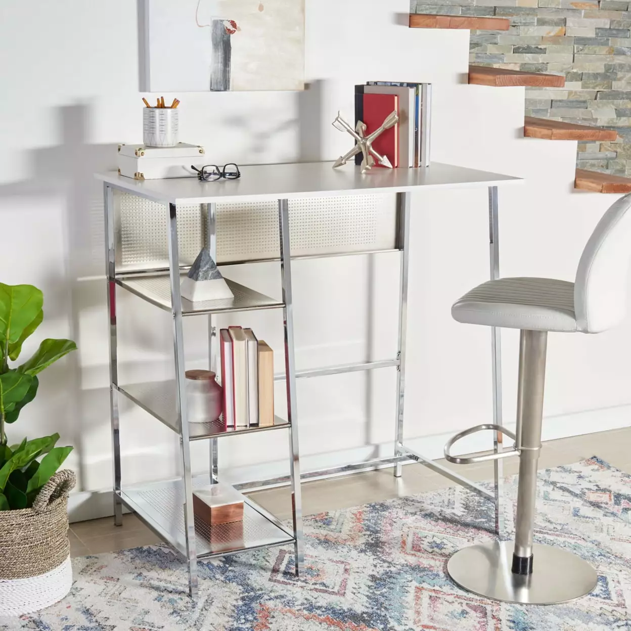 SAFAVIEH Hayden 3-Shelf Standing Desk White and Chrome