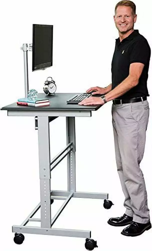 Stand Up Desk Store Rolling Adjustable Height Mobile Standing Desk Monitor Mount - Silver Frame Matte Black Top
