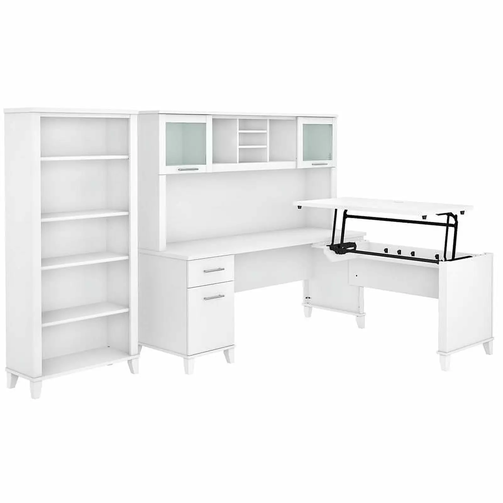 UrbanPro Sit to Stand L Desk Hutch and Bookcase White - Adjustable Office Desk