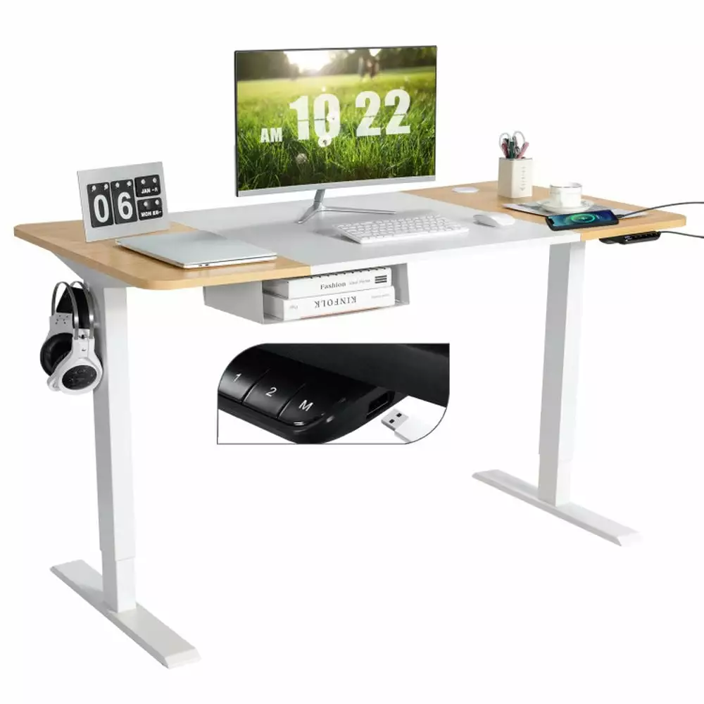 Yardi Yard 55 x 28 Inch Electric Adjustable Standing Desk USB Port - Natural Wood Gaming Computer Desk