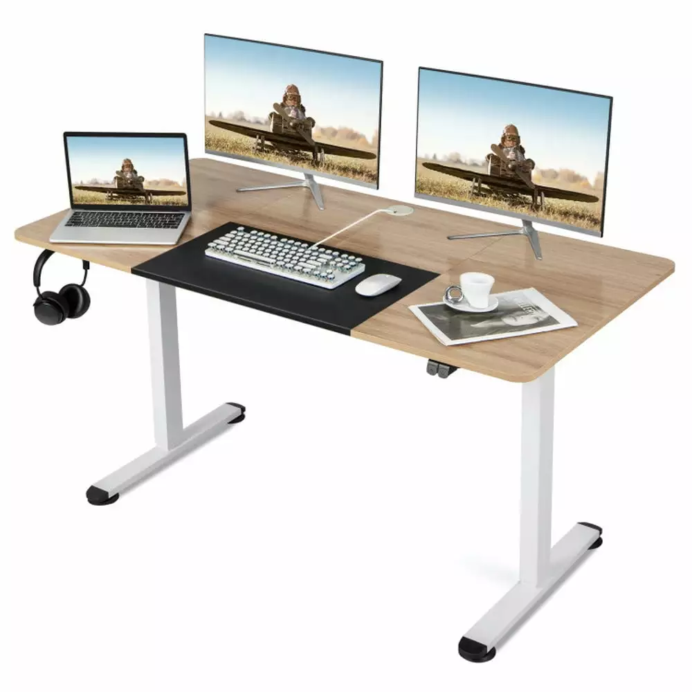 Yardi Yard 55 Inch Electric Height Adjustable Office Desk Hook Natural Computer Desk Gaming Computer Desks Study Working W...