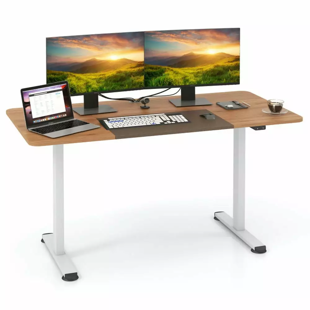 YYAo Stand Up Desk Ergonomic Standing Workstation 55 Inch Electric Height Adjustable Office Desk Hook Beige