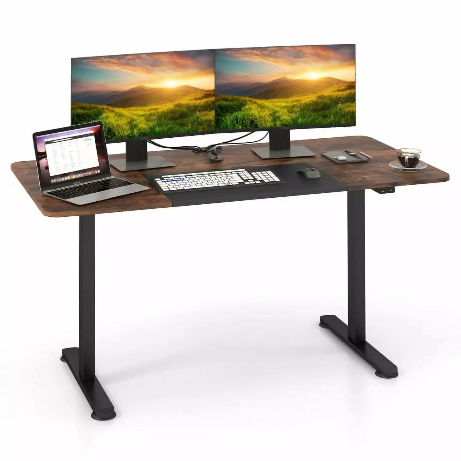 YYAo Stand Up Desk - 55 Inch Electric Height Adjustable Office Desk Cable Management Hole - Brown Ergonomic Workstation