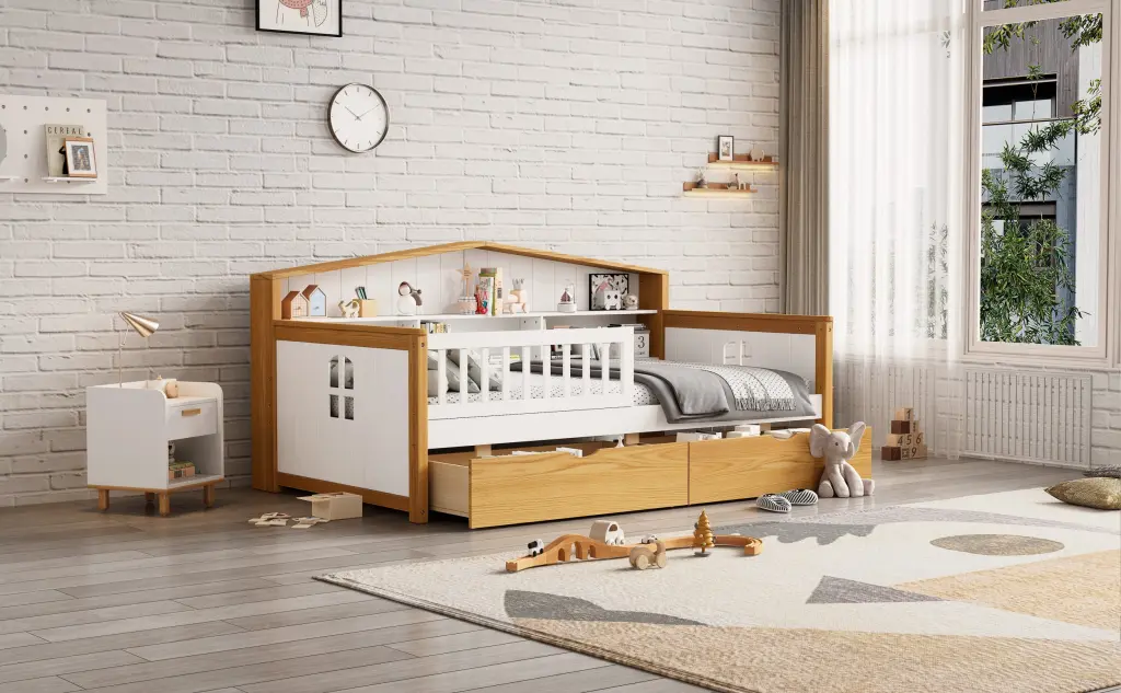 Twin Size Houtilize Influence Bed Two Drawers And Bookcase Headboard Wood bed best