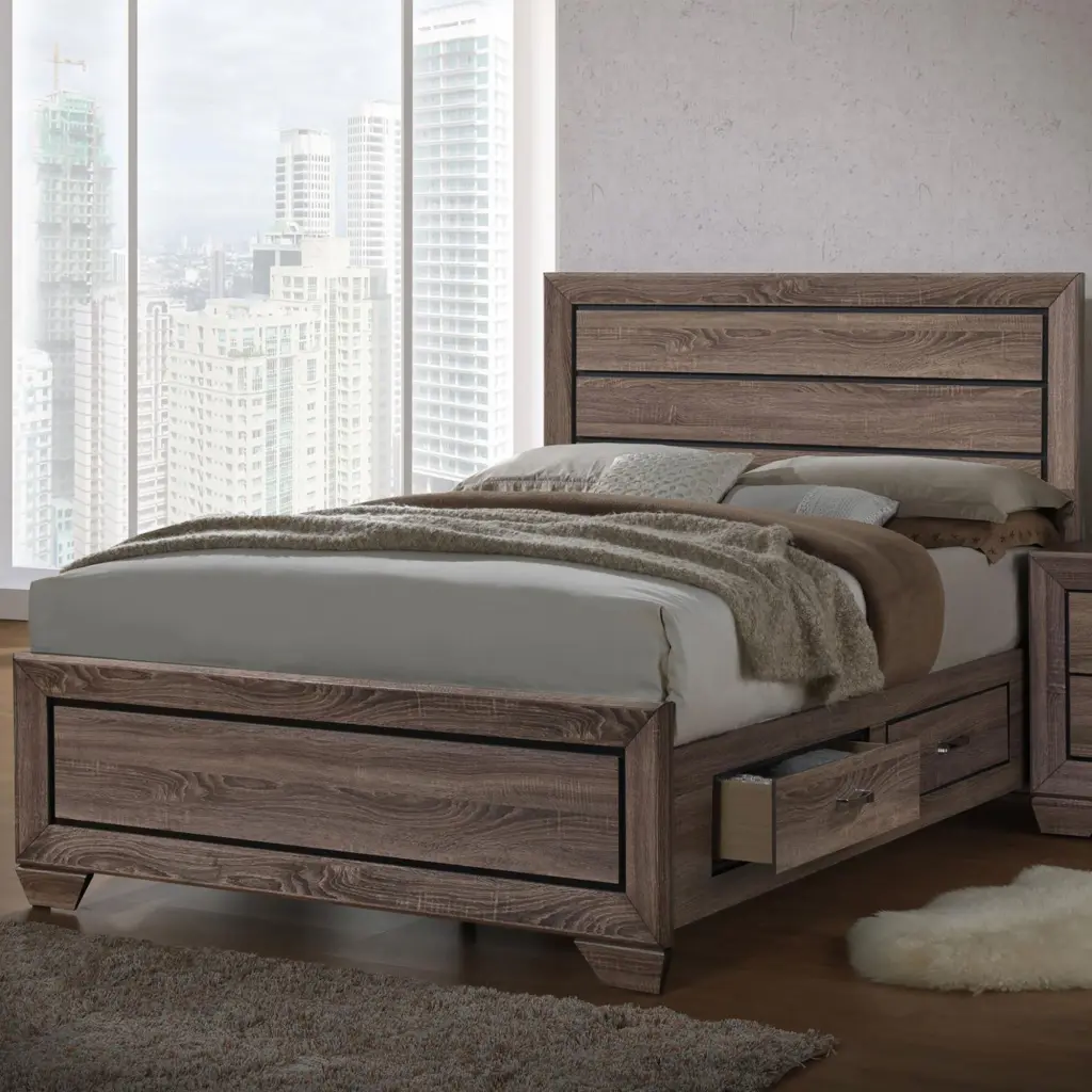 Washed Taupe Queen Storage Bed Brown Wood Bedroom Transitional furniture max
