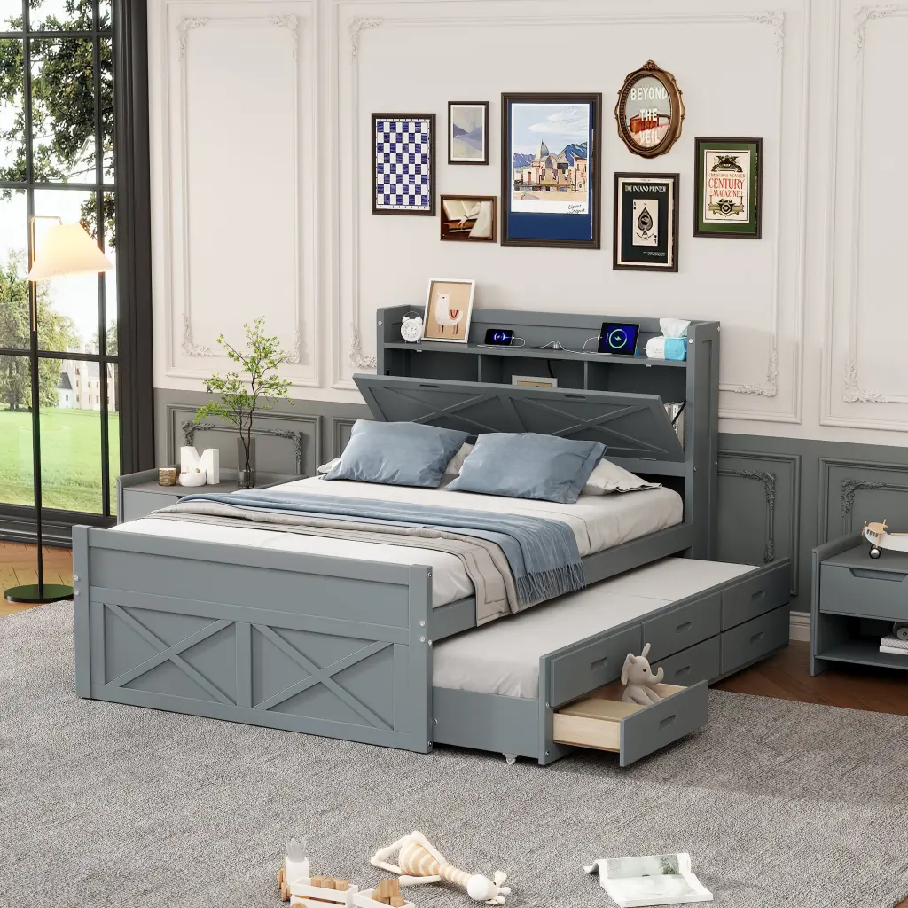 Full Size Wooden Bed Storage Headboard Outlets Extendable homey life