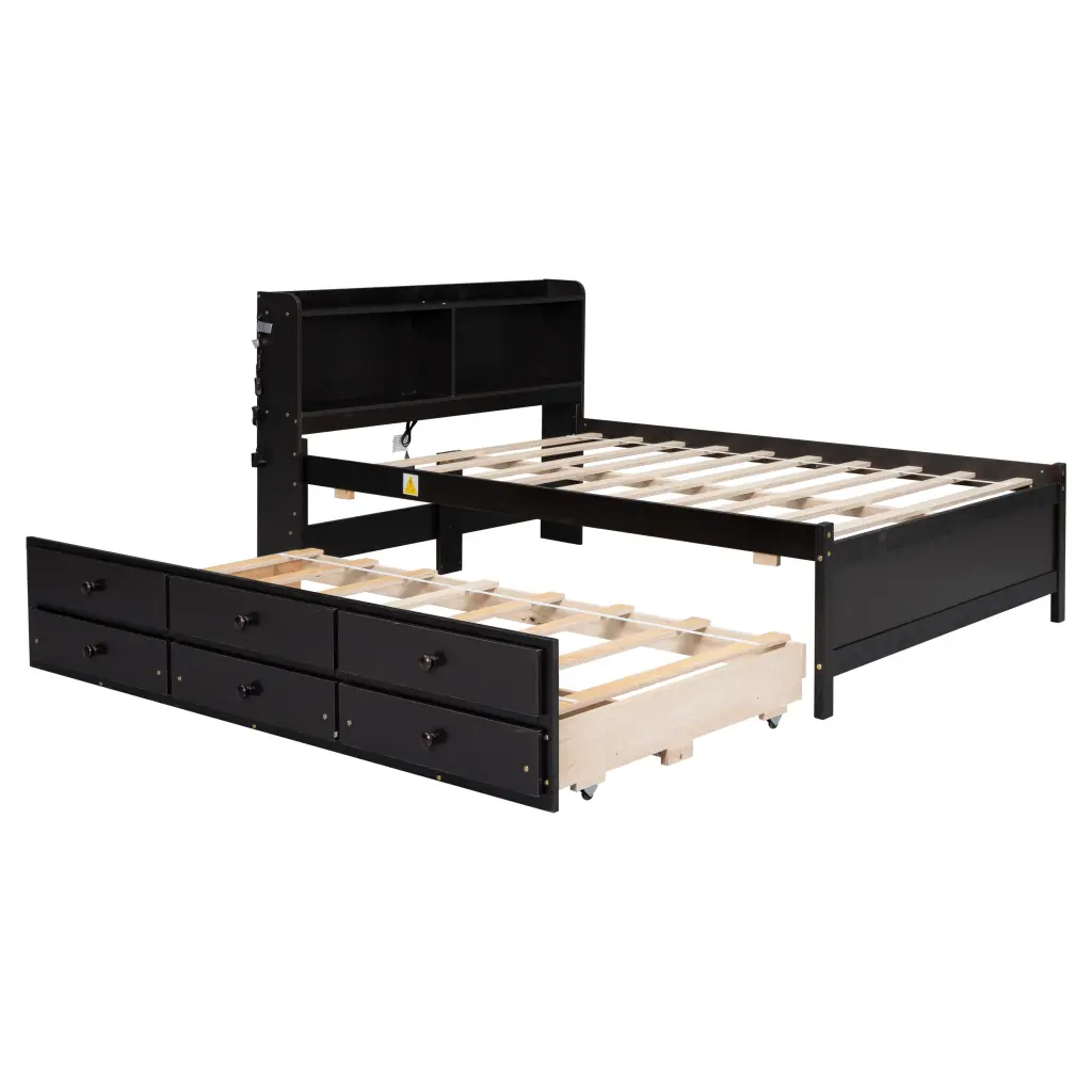 Full Size Bed USB & Type C Ports LED Light Bookcase Headboard Modern Storage Bed inspirit