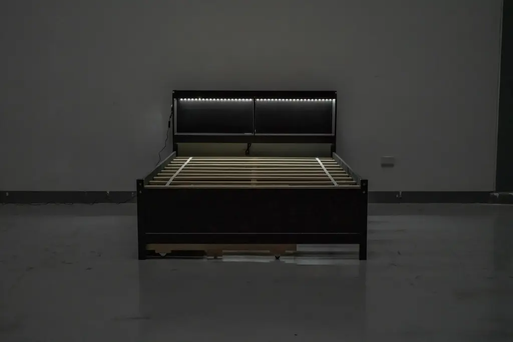 Full Size Bed USB & Type C Ports LED Light Bookcase Headboard Modern Storage Bed inspirit