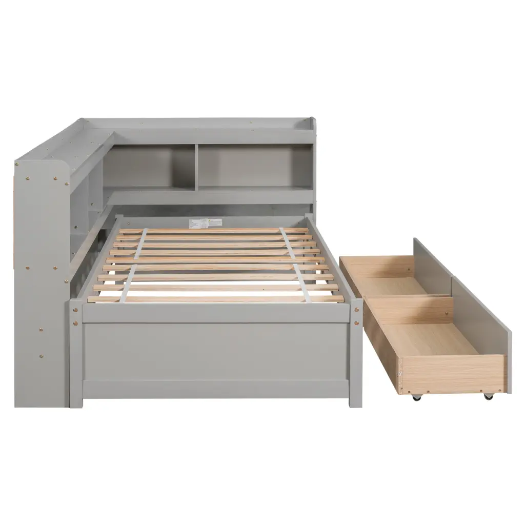 Twin Bed L-Shaped Bookcases and Drawers Grey Pine Finish inspirit