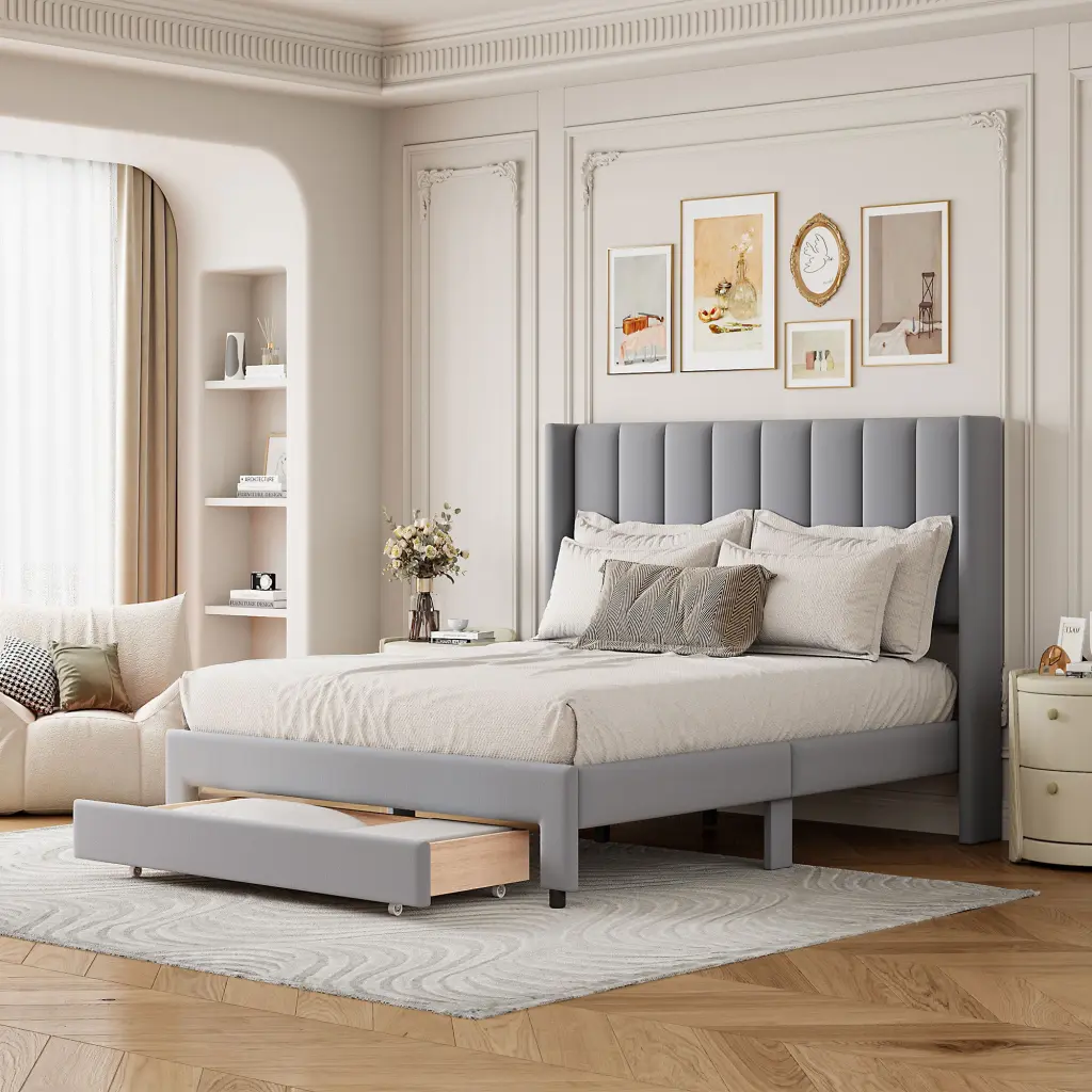 Full Size Storage Bed Velvet Upholstered Platform Bed Big Drawer lucky furniture