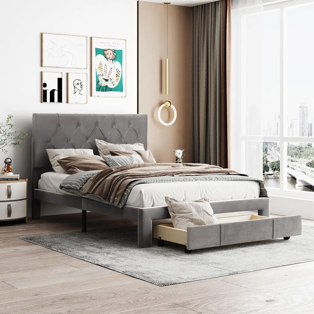 Full Size Storage Bed Velvet Upholstered Platform Bed Big Drawer lucky furniture