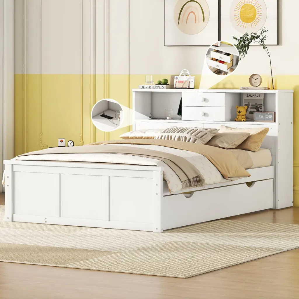 Full Size Wood Platform Bed Twin Size Trundle and 3 Drawers Extra Storage Space lucky furniture