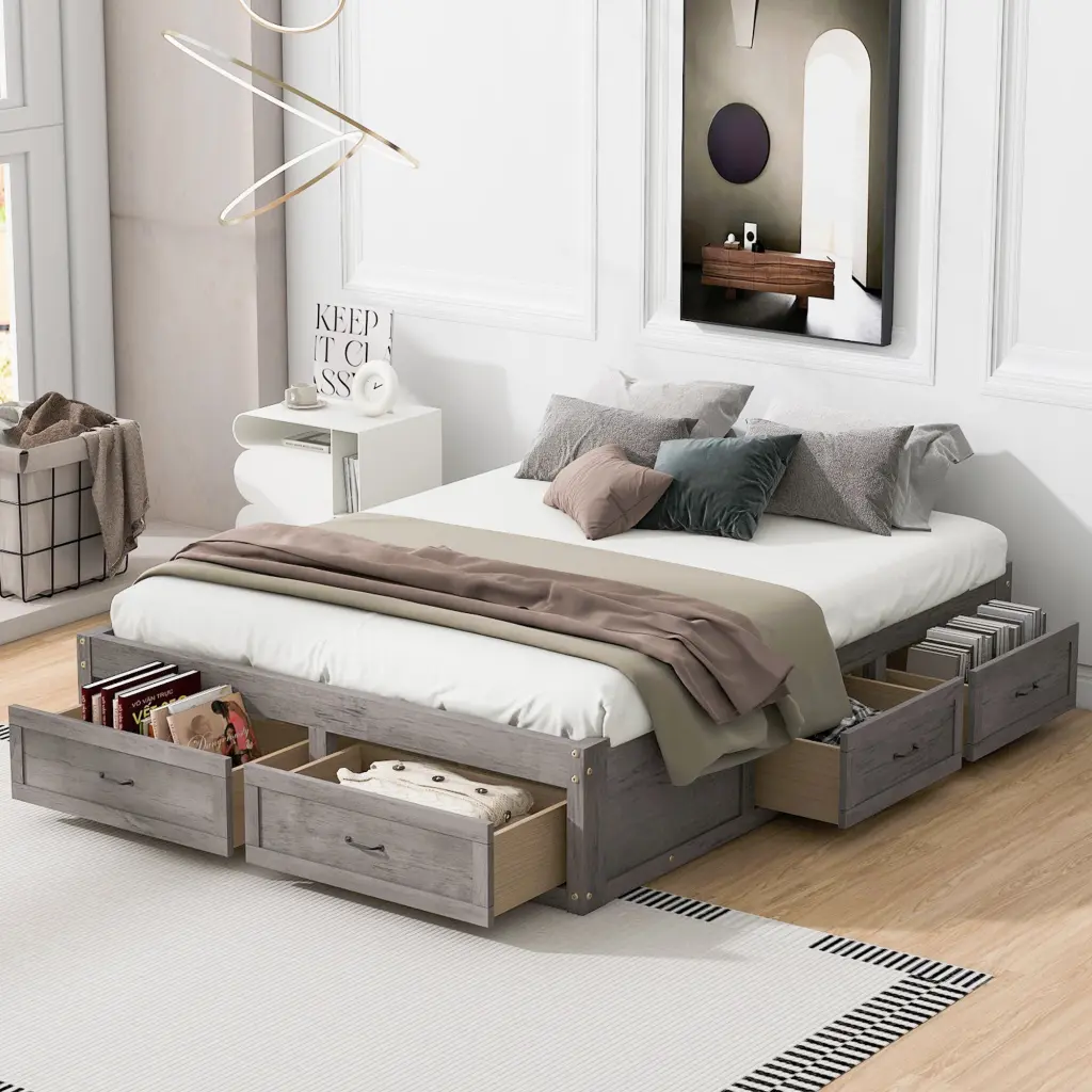 Queen Size Platform Bed 6 Storage Drawers Antique Gray Bedroom Furniture lucky furniture