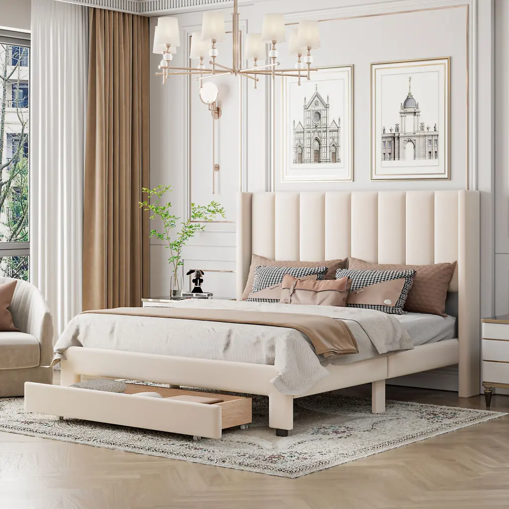 Queen Size Storage Bed Velvet Upholstered Platform Bed Big Drawer lucky furniture