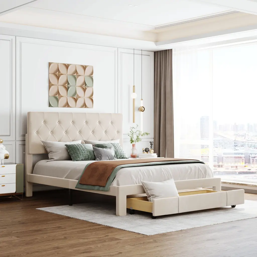 Queen Size Storage Bed Velvet Upholstered Platform Bed Big Drawers lucky furniture