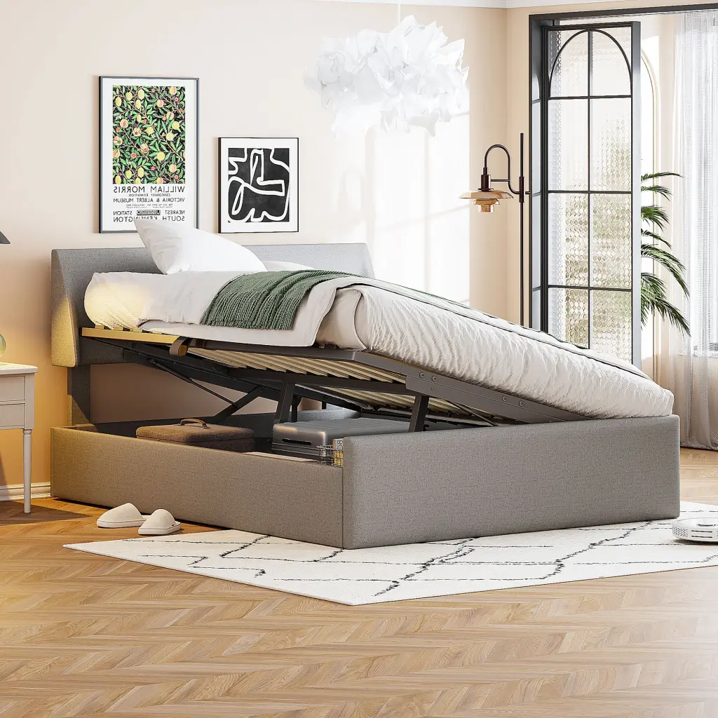Full Size Sleigh Bed Hydraulic Storage System Linen Upholstered lucky world