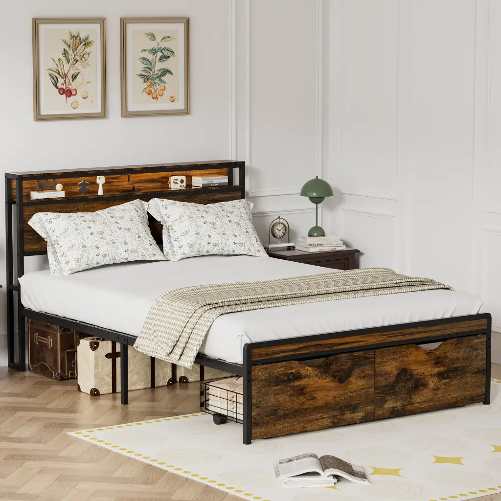 Queen Size Bed Frame Storage Headboard and 2 Drawers LED Lights rnb