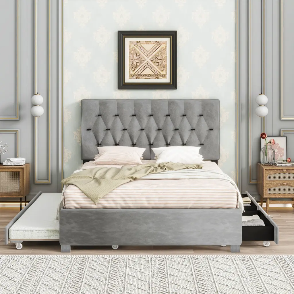 Gray Queen Size Trundle Pull Out Drawers Storage Upholstered Bed Modern Platform Bed Frame serene home