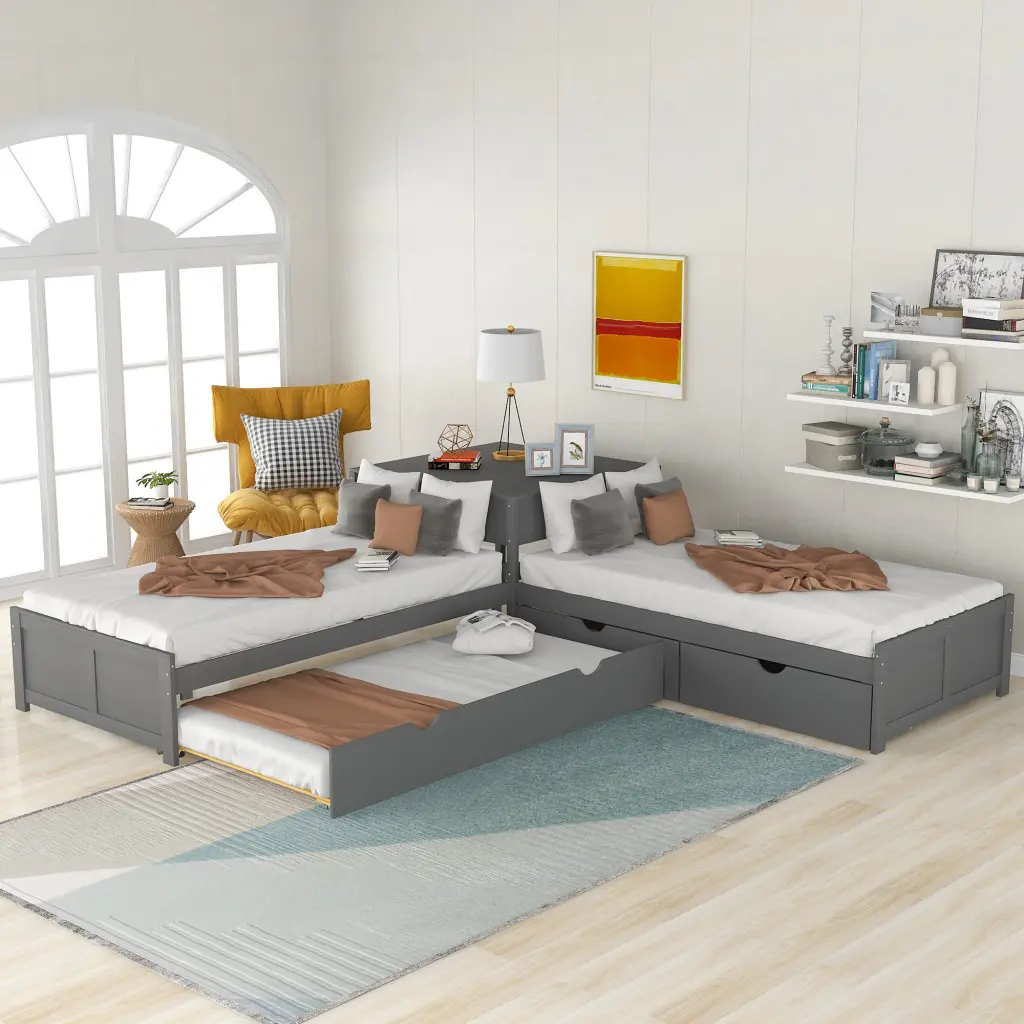 L Influenced Platform Bed Trundle And Drawers - Linked Storage Bed Frame Built- Drawers wm store