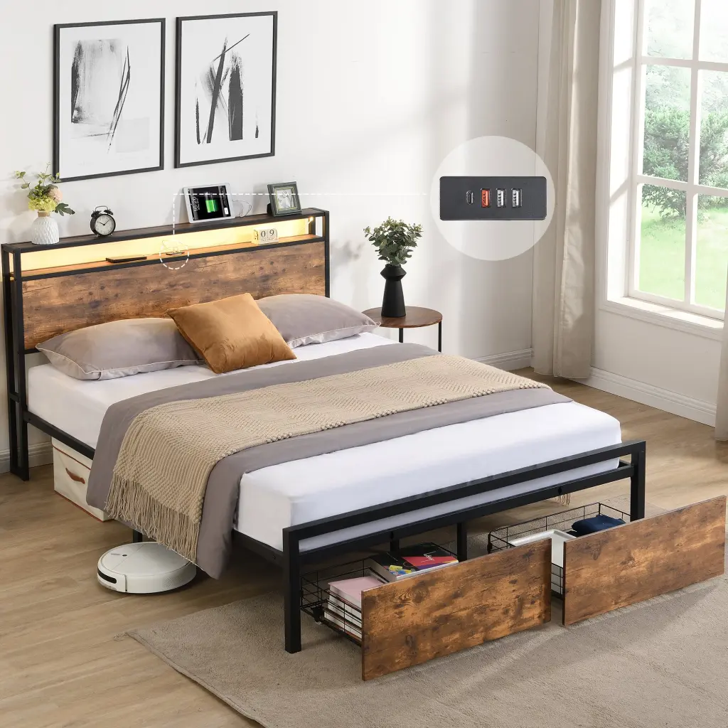 Full Size Bed Frame Storage Headboard And 2 Drawers LED Lights Modern Platform Bed wr furniture
