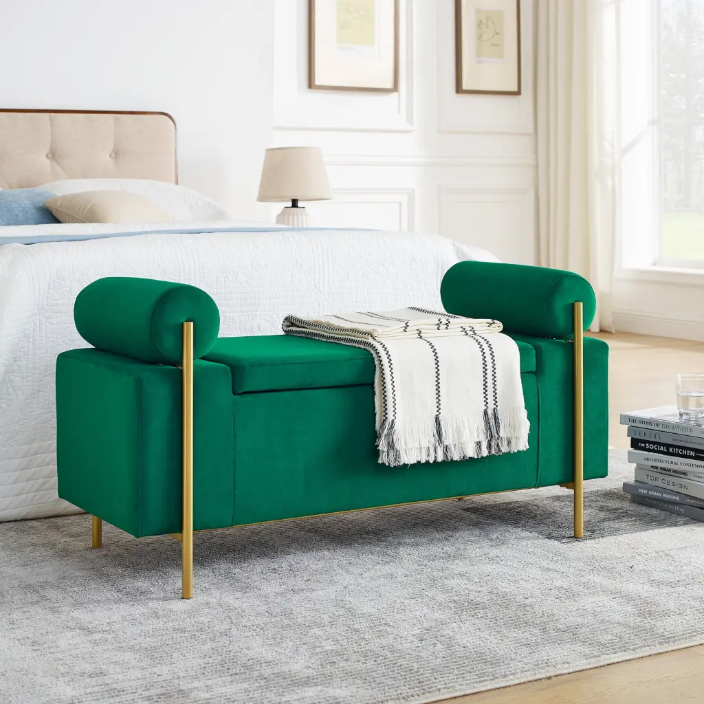Elegant Upholstered Velvet Storage Bench Cylindrical Arms And Iron Legs chuangyuan smart home