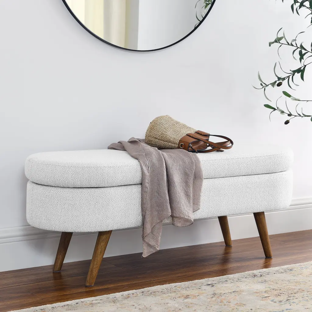 Oval Storage Bench Rubber Wood Legs White 43.5 Inch chuangyuan smart home