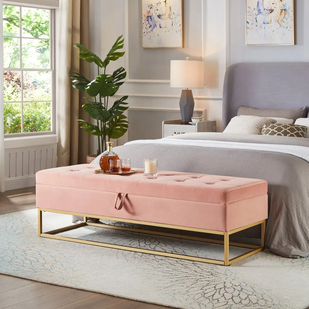 58.6 Inch Bed Bench Storage Pink Velvet Metal Base Foam Velvet hdf store