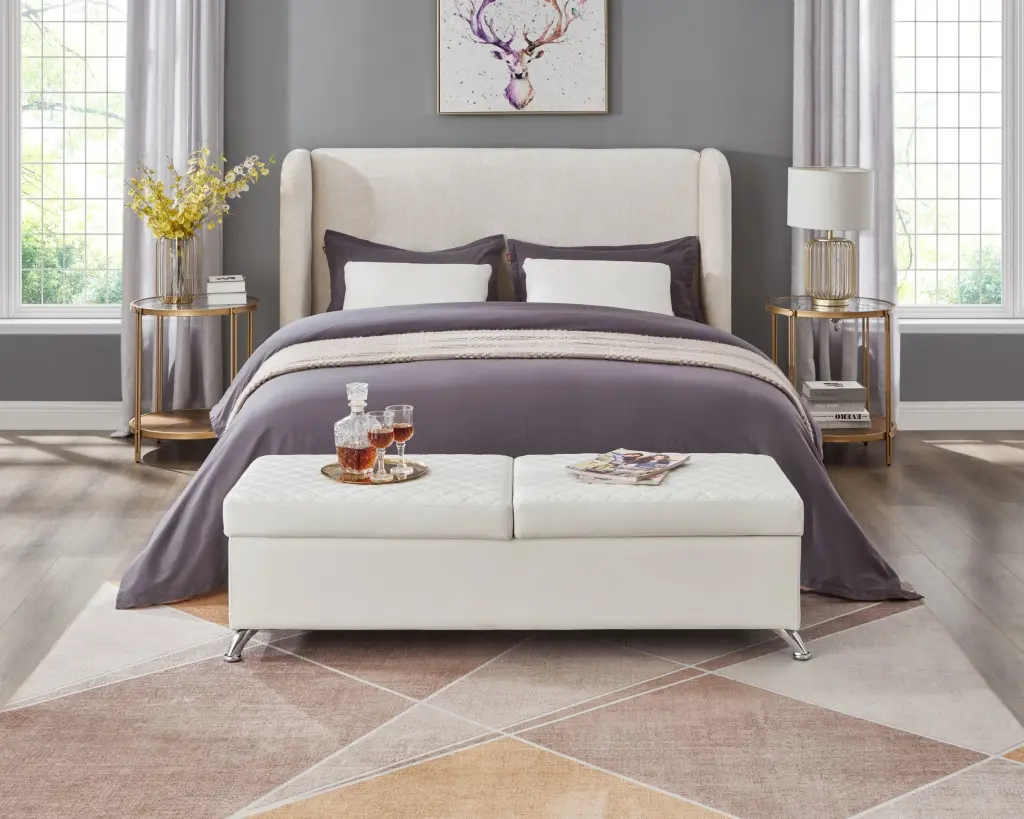 56.7 Inch Bed Bench Storage White Leather Upholstered Seat huazhao furniture