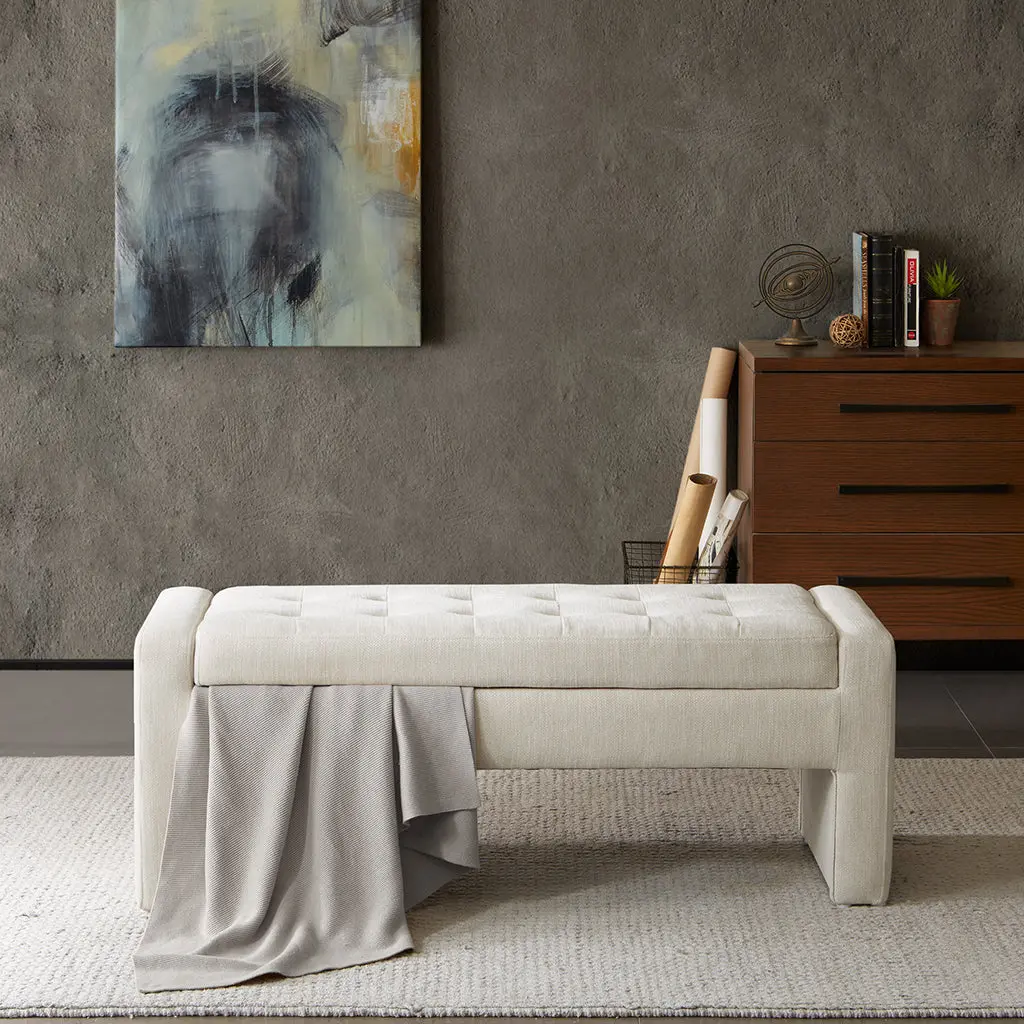Soft Close Storage Bench Cream Polyester Bedroom or Entryway jla