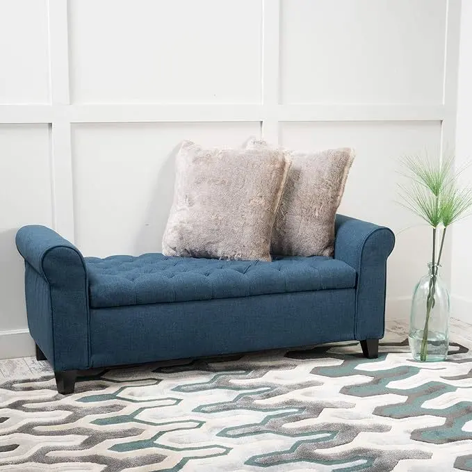 Hayes Armed Storage Bench Navy Blue Fabric Hidden Storage Compartment nh-an