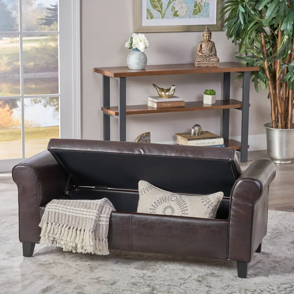 Hayes Armed Storage Bench Brown PU Entryway or Bedroom nh-perfect home