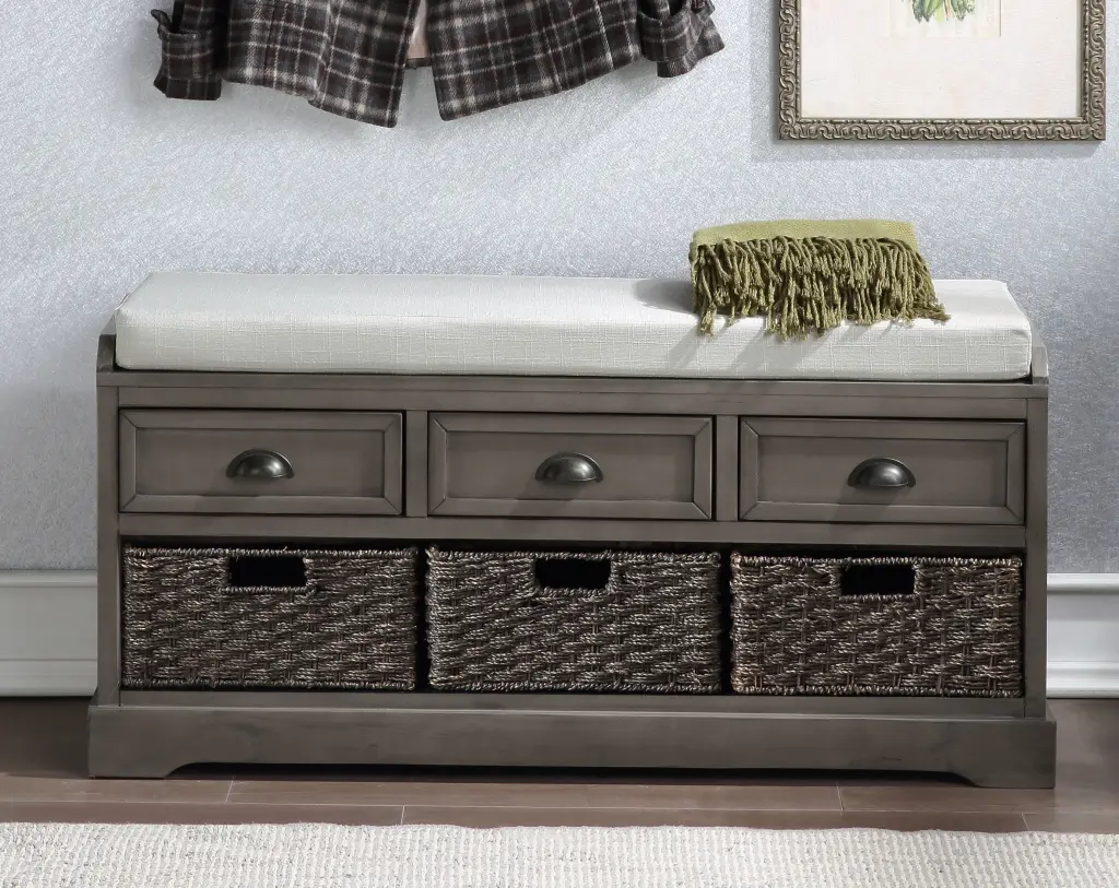 Homes Gatherion Wood Storage Bench 3 Drawers and 3 Binquireets Gray Entryway Organizer u_style