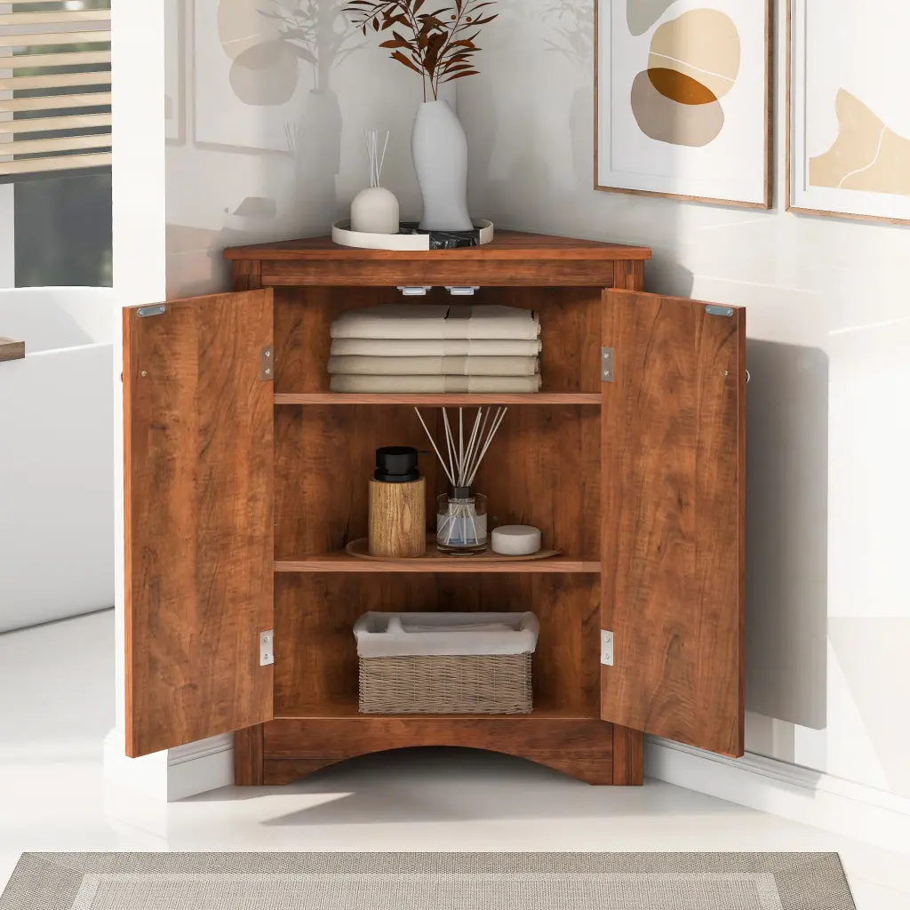 Brown Triangle Bathroom Storage Cabinet Adjustable Shelves Freestanding by