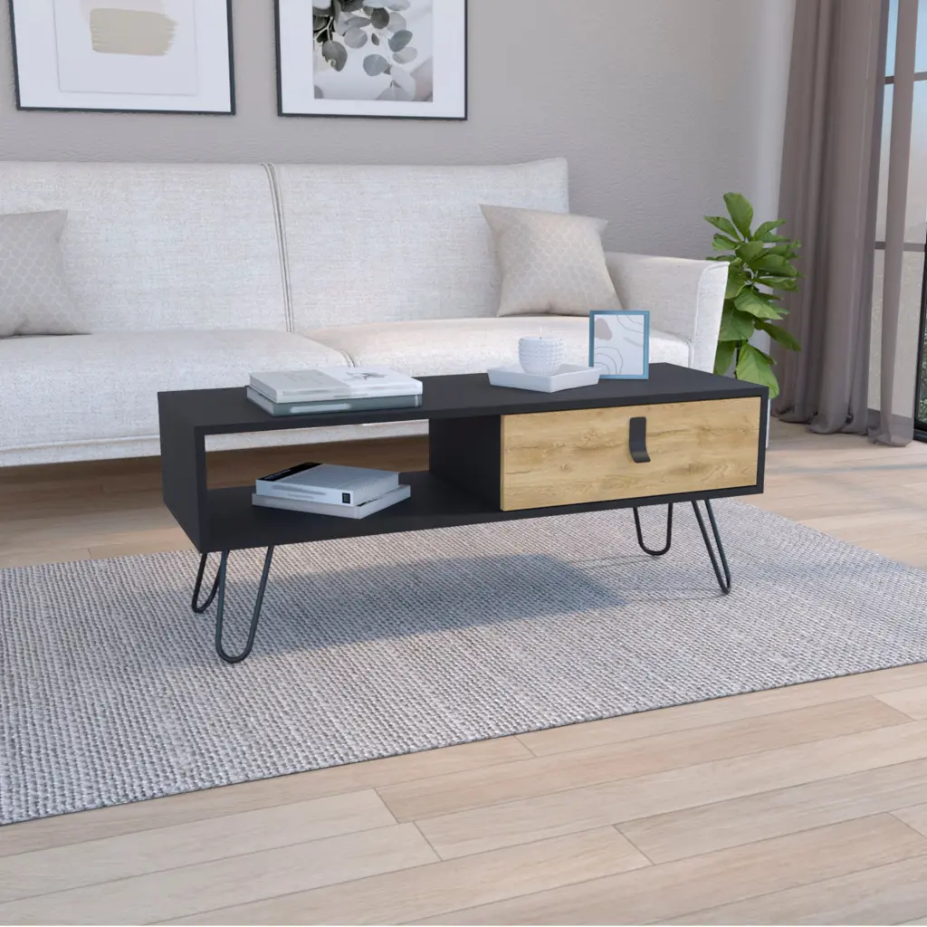 Huna Coffee Table Hairpin Legs And Large Storage Drawer Multicolor Modern Living Room Table tuhome