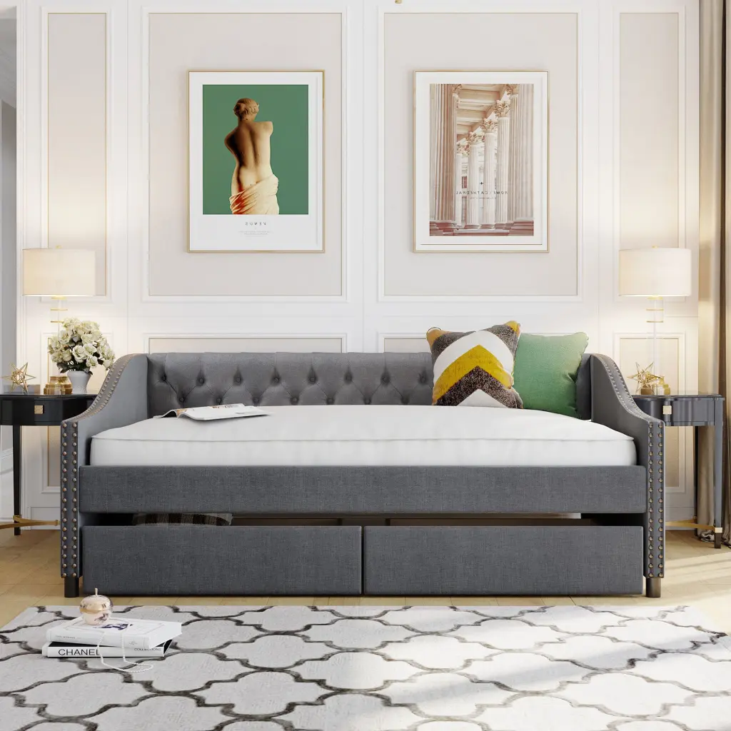 Upholstered Daybed Two Drawers Wood Slat Support Gray lucky furniture