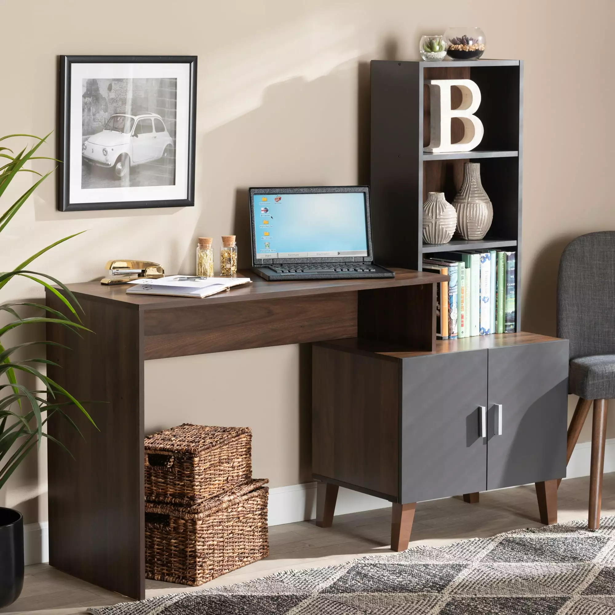 Baxton Studio Jaeger Modern Two-Tone Walnut Brown Dark Grey Wood Storage Desk Shelves