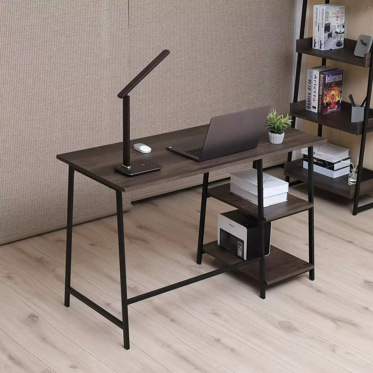 Caffoz 48 Inch Computer Desk Storage Shelf Smoky Oak