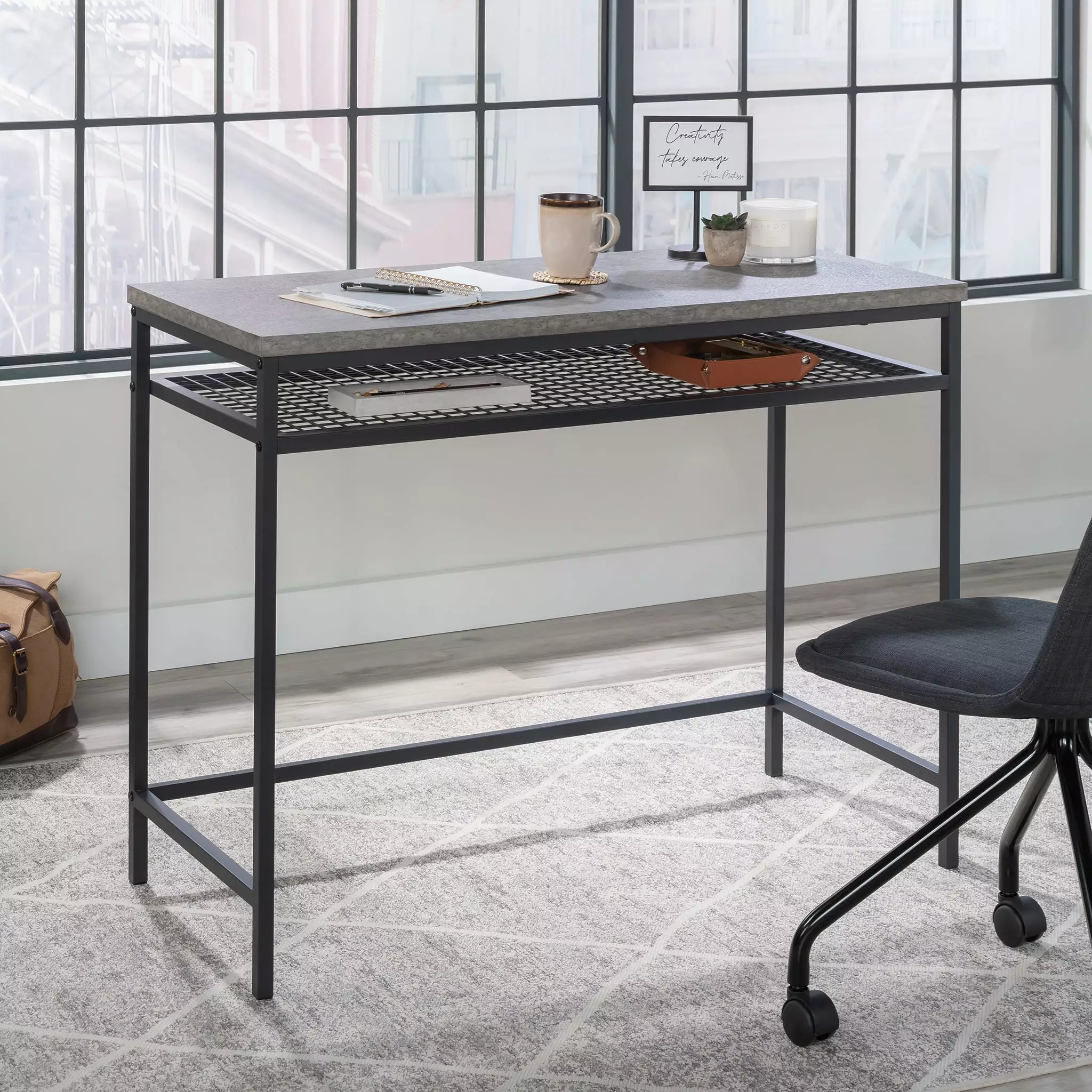 Sauder Market Commons Writing Desk Storage - Slate Gray Finish Home Office Desk Drawers