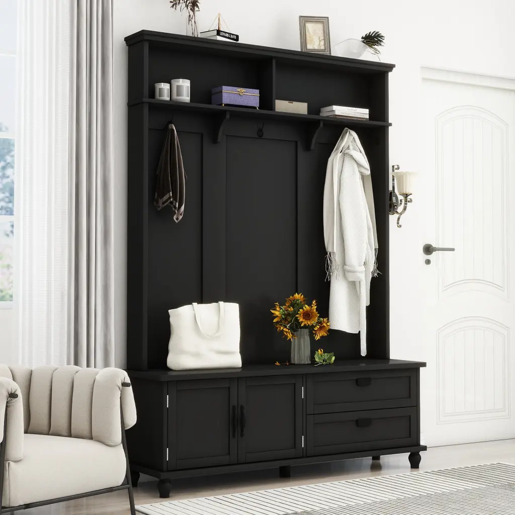 Modern Style Hall Tree Storage Cabinet And 2 Large Drawers Wide Entryway Organizer on-trend