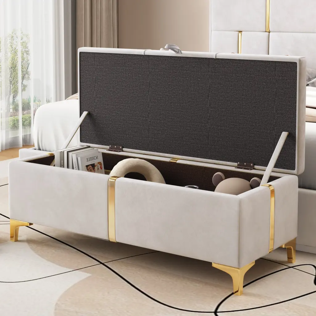 Elegant Upholstered Storage Ottoman Bench Metal Legs Living Room homey life