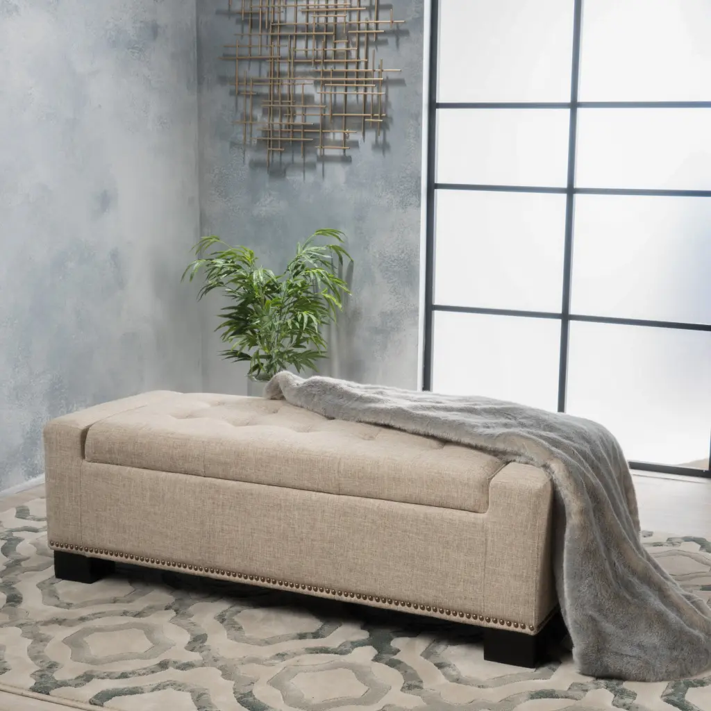 Chelsea Storage Ottoman Studs Wheat Fabric Upholstered Bench nh-an