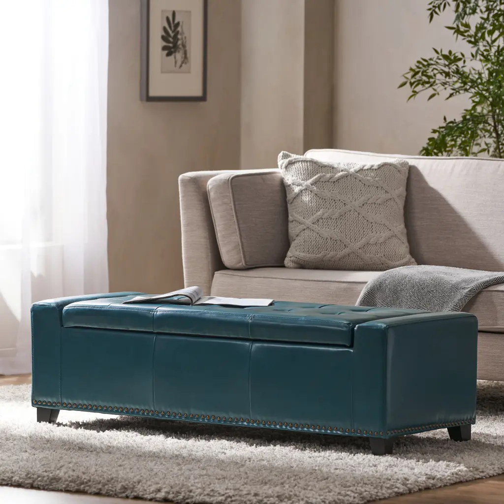 Chelsea Storage Ottoman Studs Teal PU Leather Living Room nh-perfect home