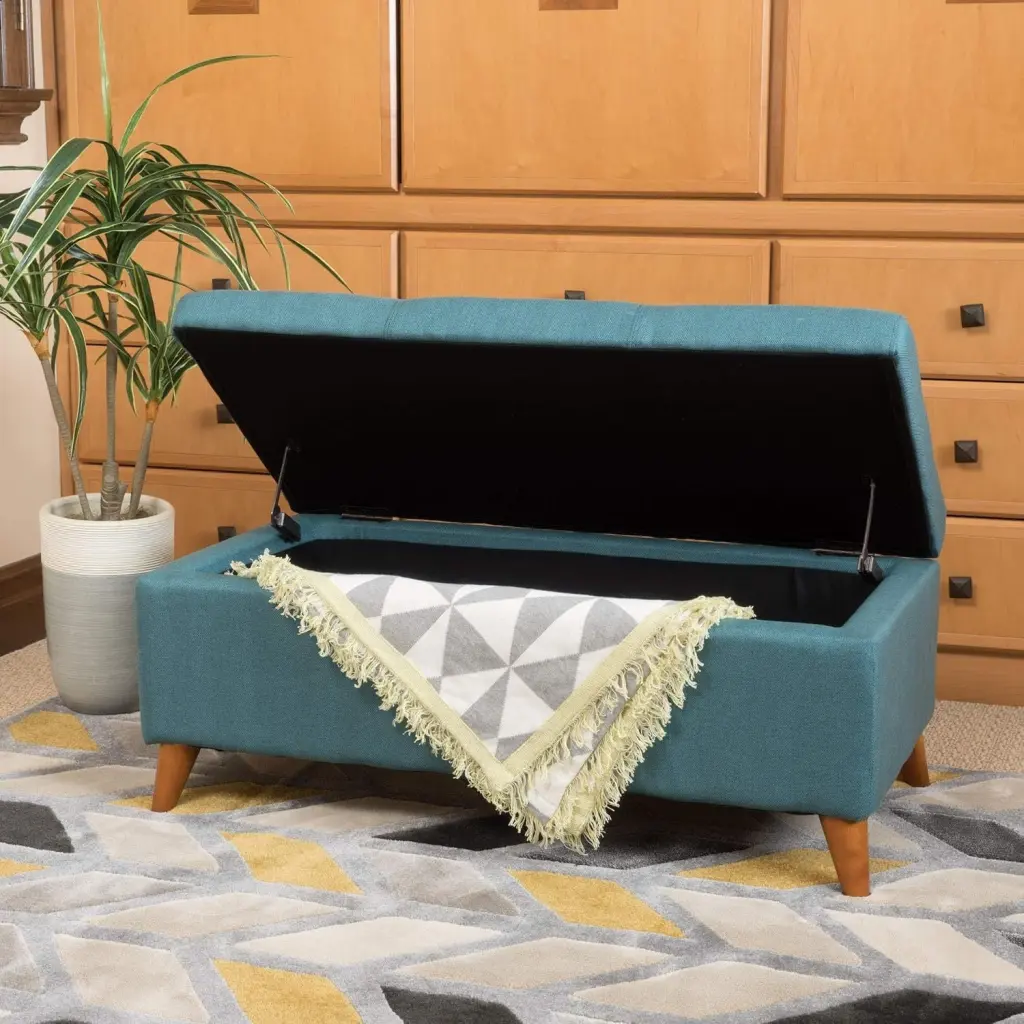 Storage Ottoman Teal Fabric Footrest Hidden Compartment nh-sunfay