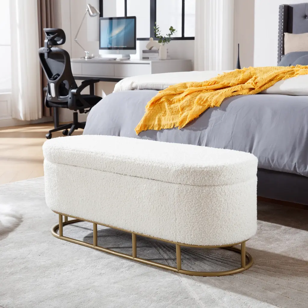 Oval Storage Bench Living Room Bedroom End Bed Sherpa Fabric Plush rnb