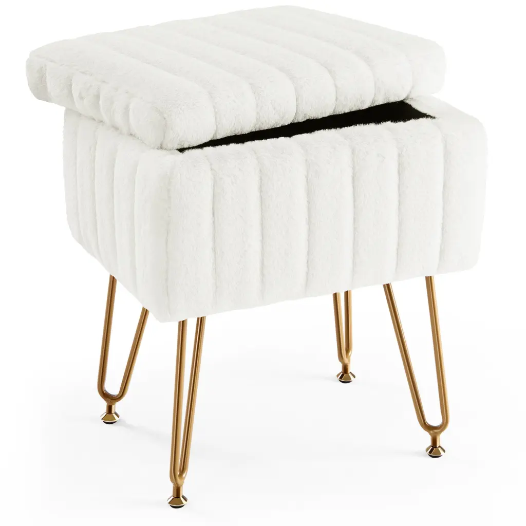 Vanity Stool Chair Storage Ottoman Faux Fur Soft Padded Makeup Seat w2201