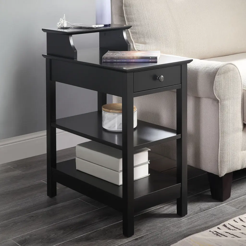Black Storage Accent Table USB Port Living Room Pine furniture max